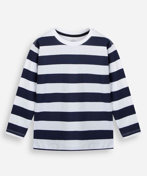 camiseta infantil de algodão manga longa listrada azul