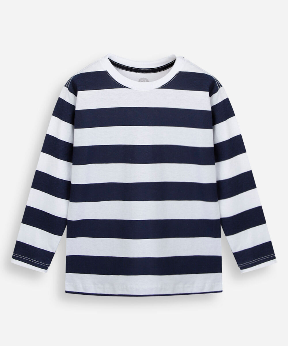 camiseta infantil de algodão manga longa listrada azul
