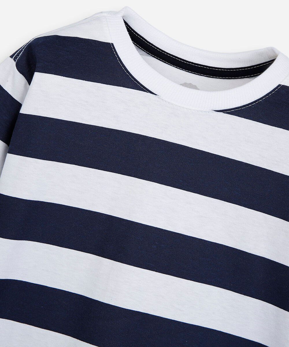 camiseta infantil de algodão manga longa listrada azul