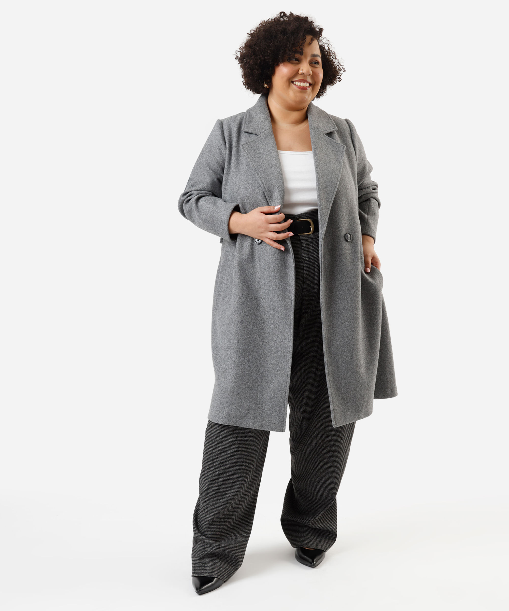 casaco trench coat feminino texturizado plus size cinza