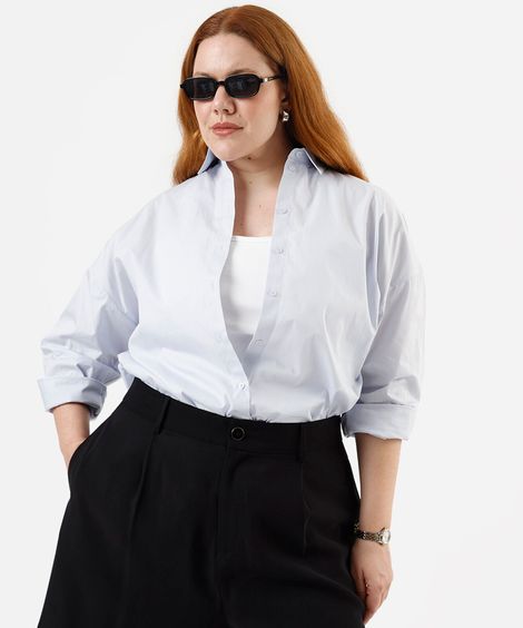 camisa oversized feminina de algodão manga longa plus size azul