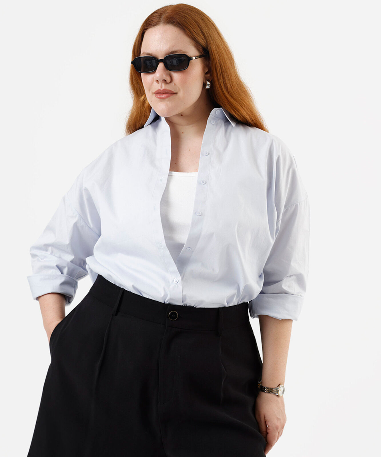 camisa oversized feminina de algodão manga longa plus size azul