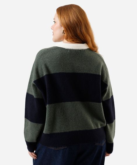 suéter feminino de tricot com lã e gola listrado plus size verde