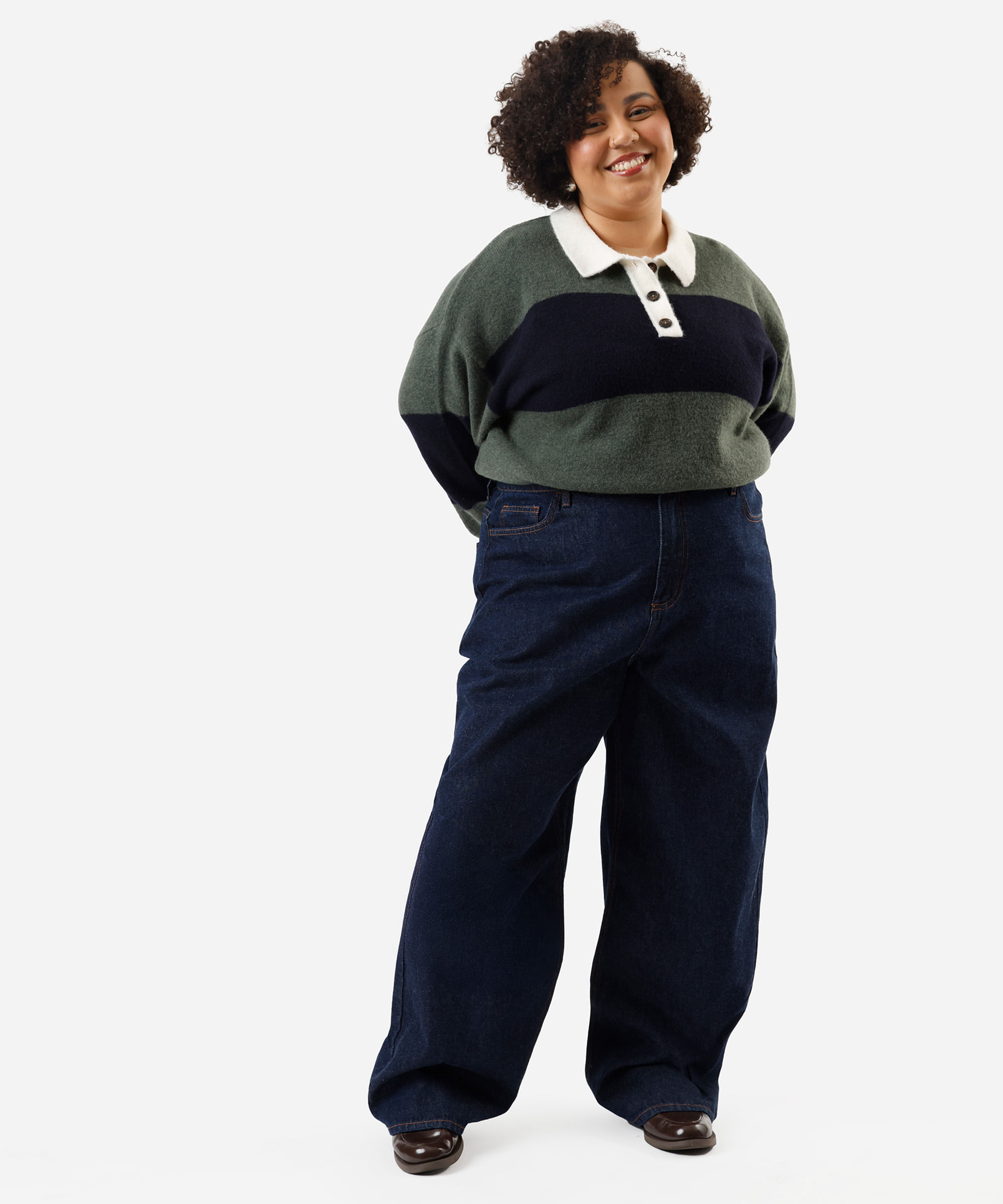 suéter feminino de tricot com lã e gola listrado plus size verde