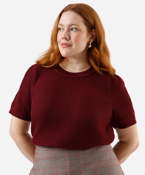 blusa feminina de tricot manga bufante texturizada plus size vinho