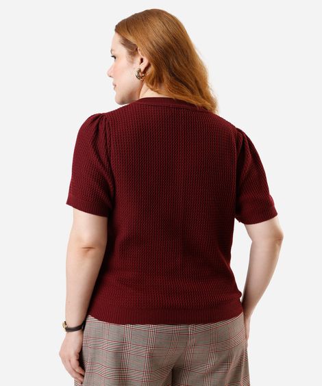 blusa feminina de tricot manga bufante texturizada plus size vinho
