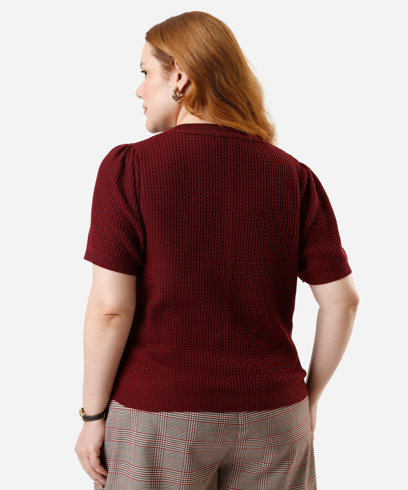 blusa feminina de tricot manga bufante texturizada plus size vinho
