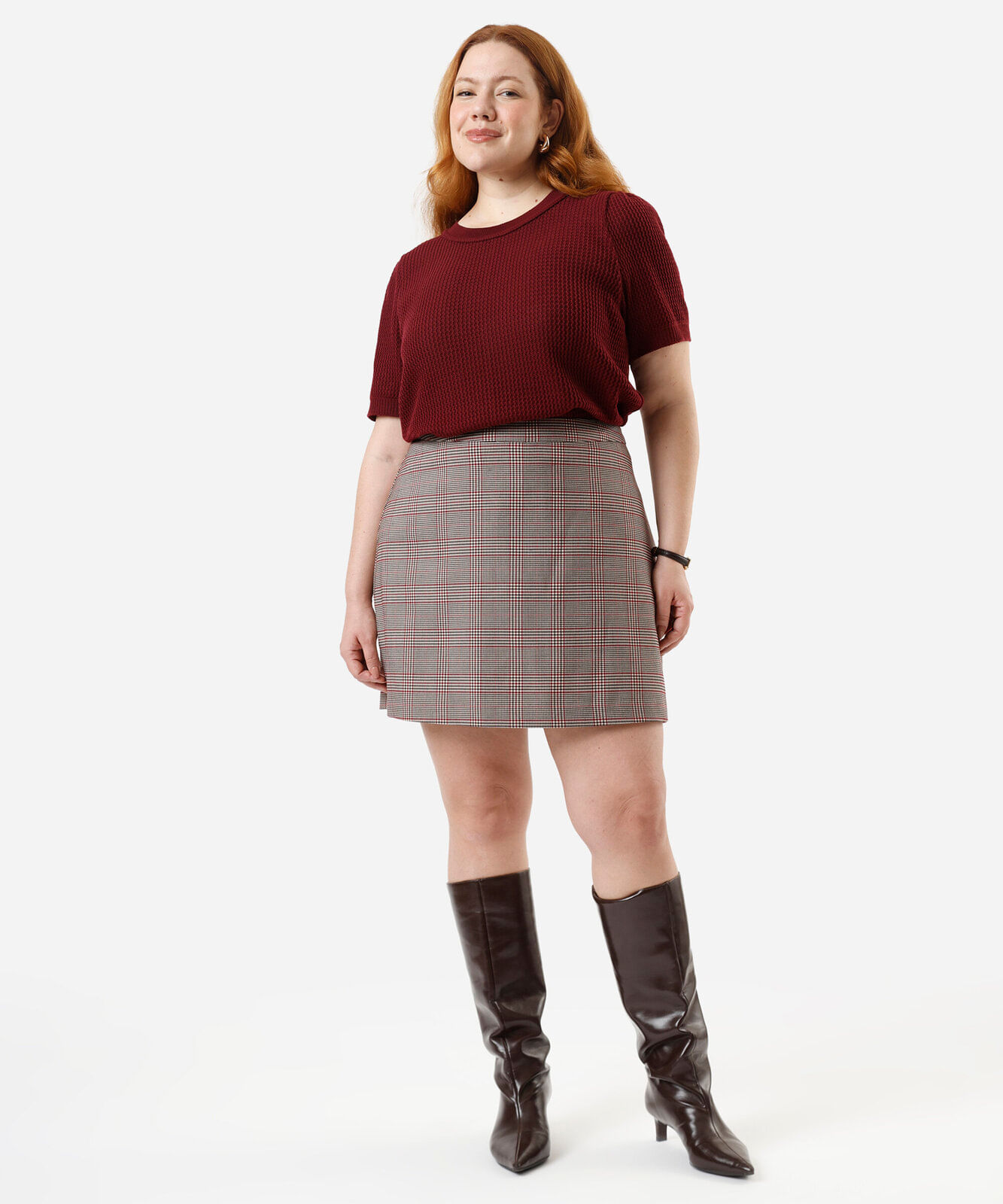 blusa feminina de tricot manga bufante texturizada plus size vinho