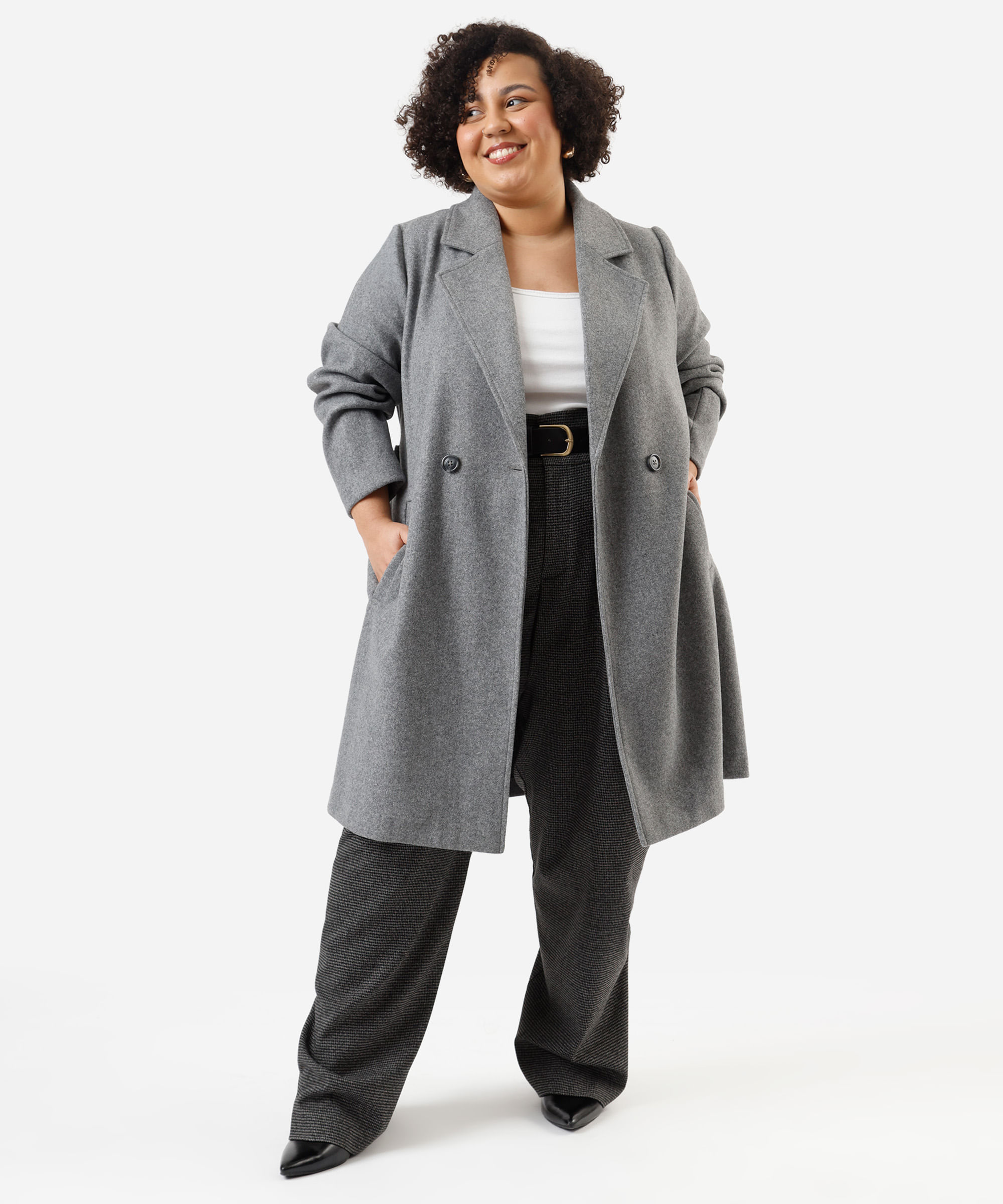 calça wide leg de alfaiataria feminina com cinto texturizada plus size cinza