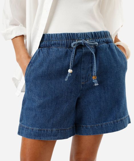 short clochard feminino jeans com cordão azul