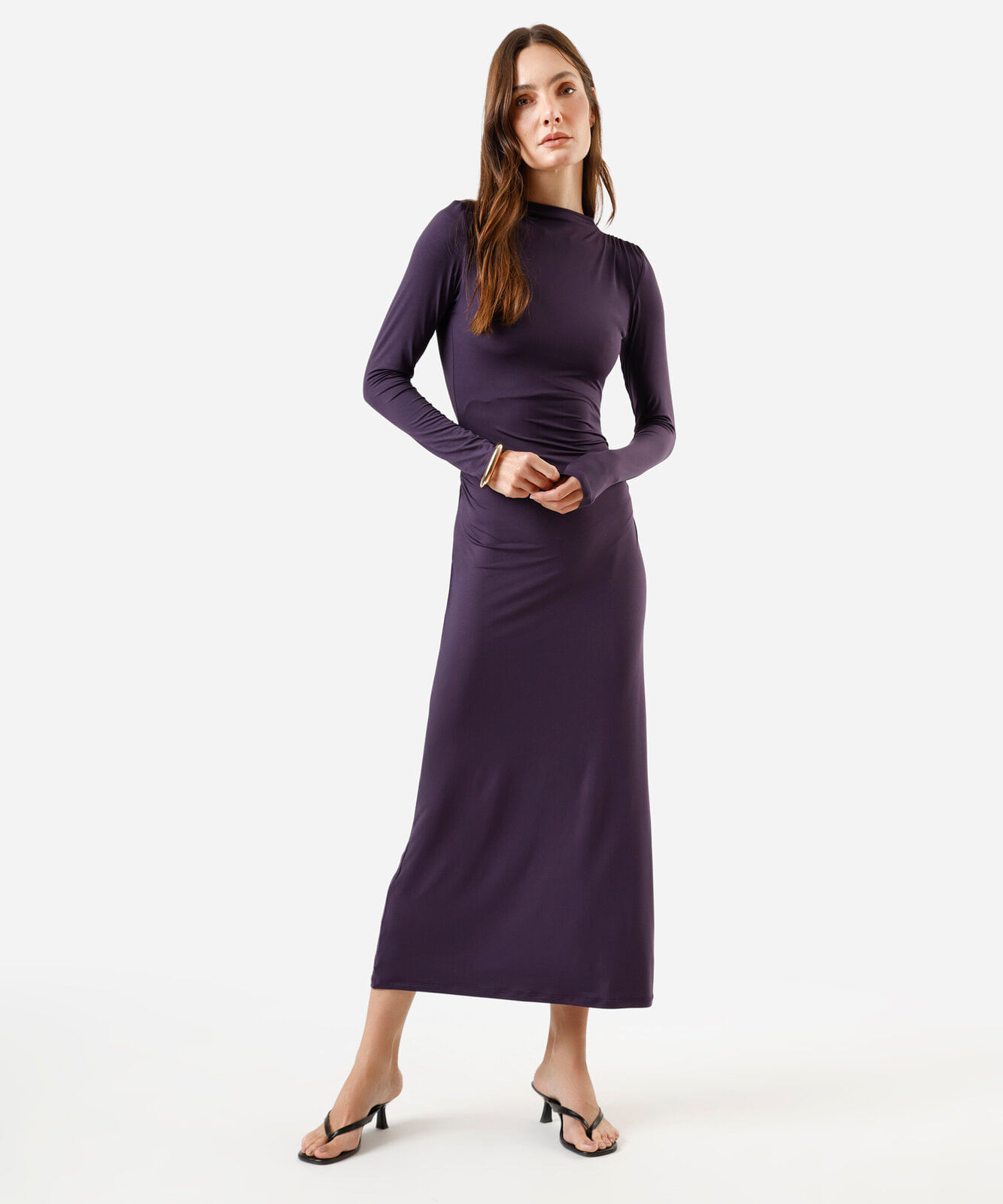 vestido longo feminino manga longa franzido roxo