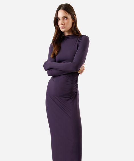 vestido longo feminino manga longa franzido roxo