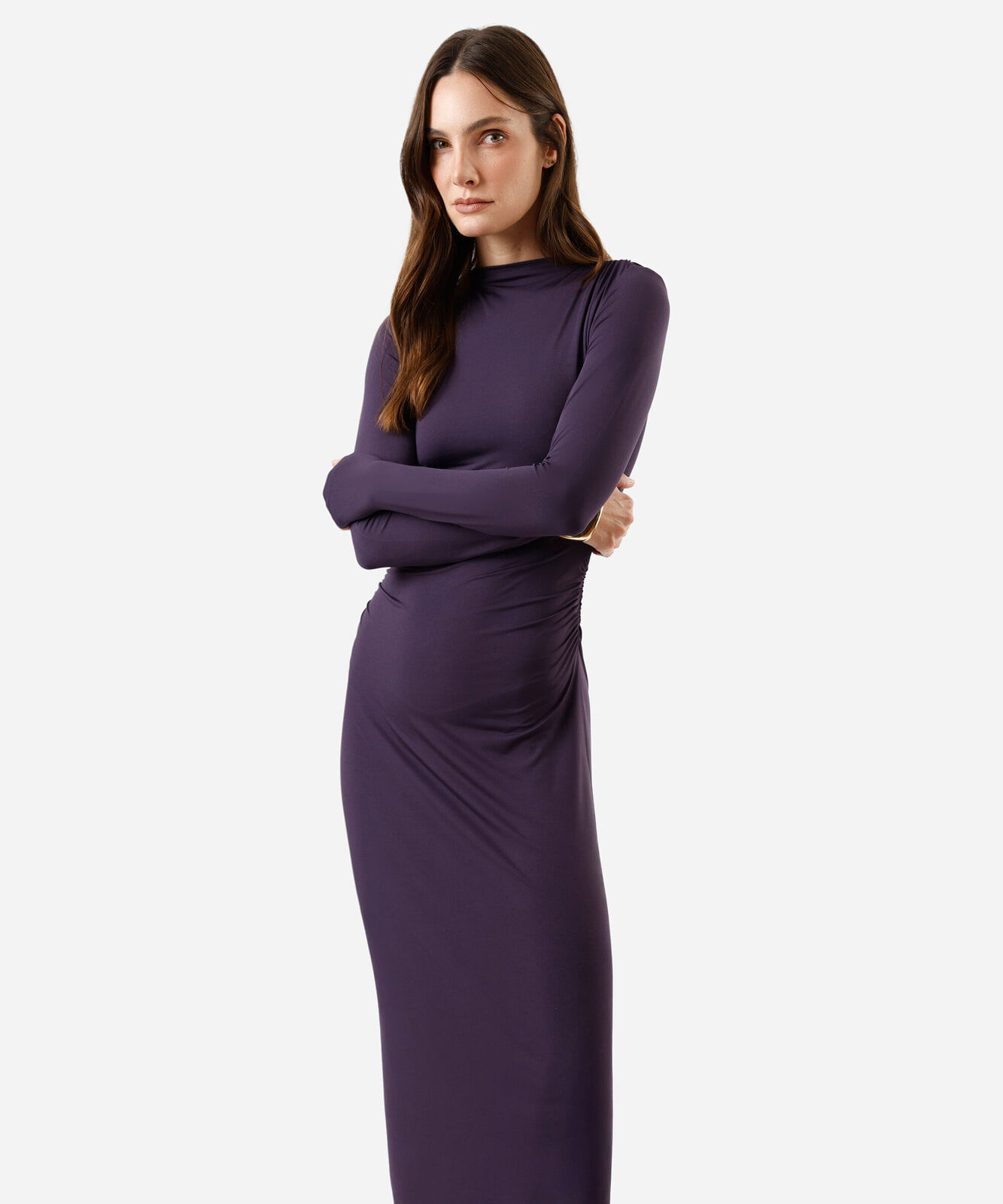 vestido longo feminino manga longa franzido roxo