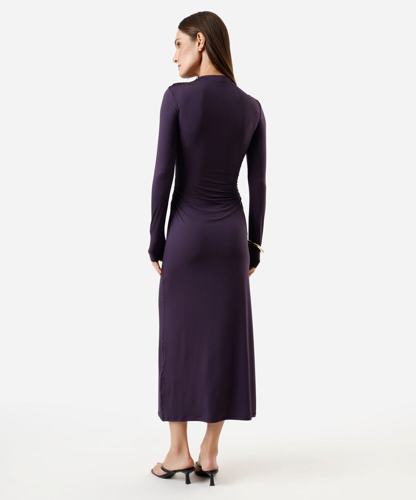 vestido longo feminino manga longa franzido roxo