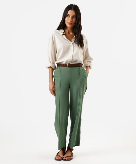 calça reta feminina com linho cós elástico verde