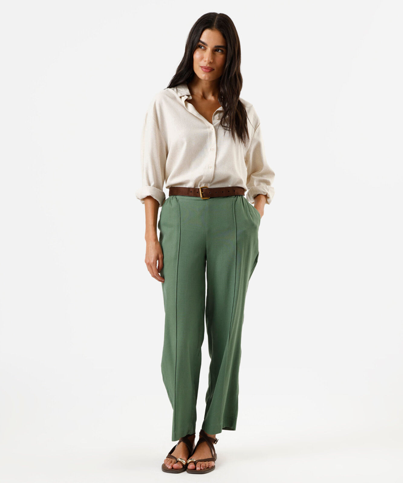 calça reta feminina com linho cós elástico verde