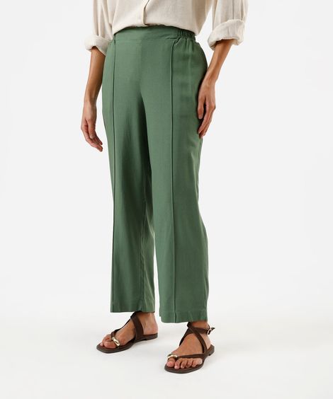 calça reta feminina com linho cós elástico verde