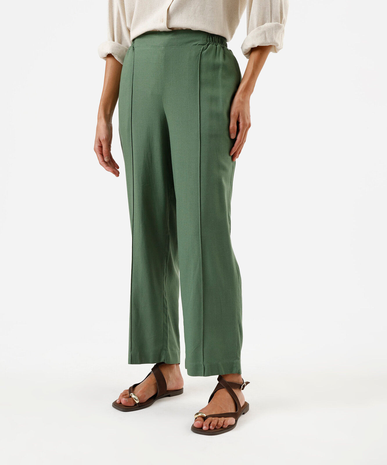calça reta feminina com linho cós elástico verde