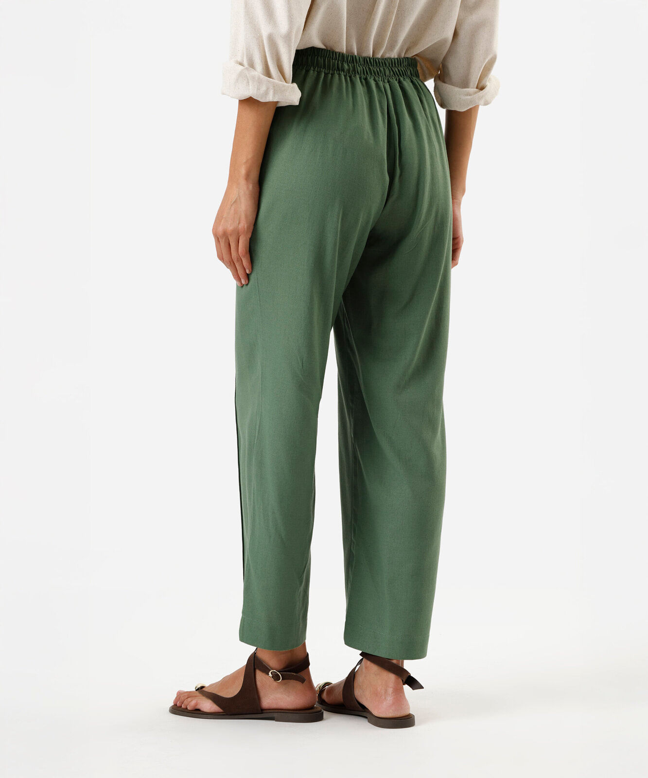 calça reta feminina com linho cós elástico verde