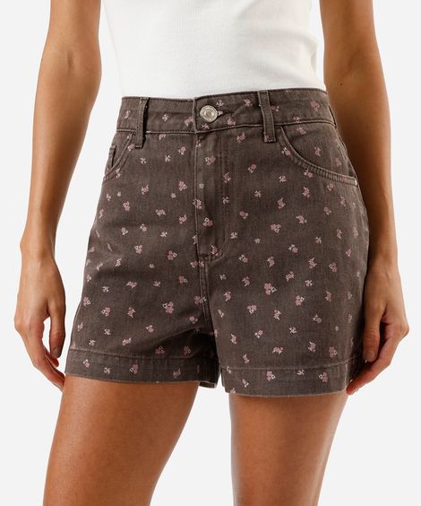 short mom feminino de sarja cintura alta floral marrom