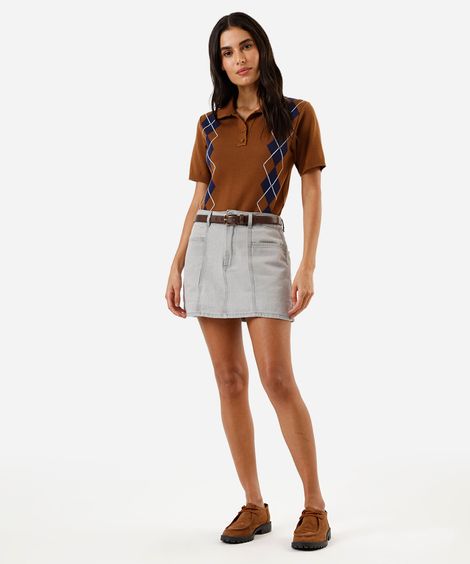 short saia feminino jeans com recortes cintura alta cinza