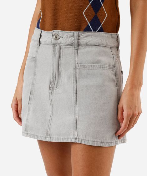 short saia feminino jeans com recortes cintura alta cinza