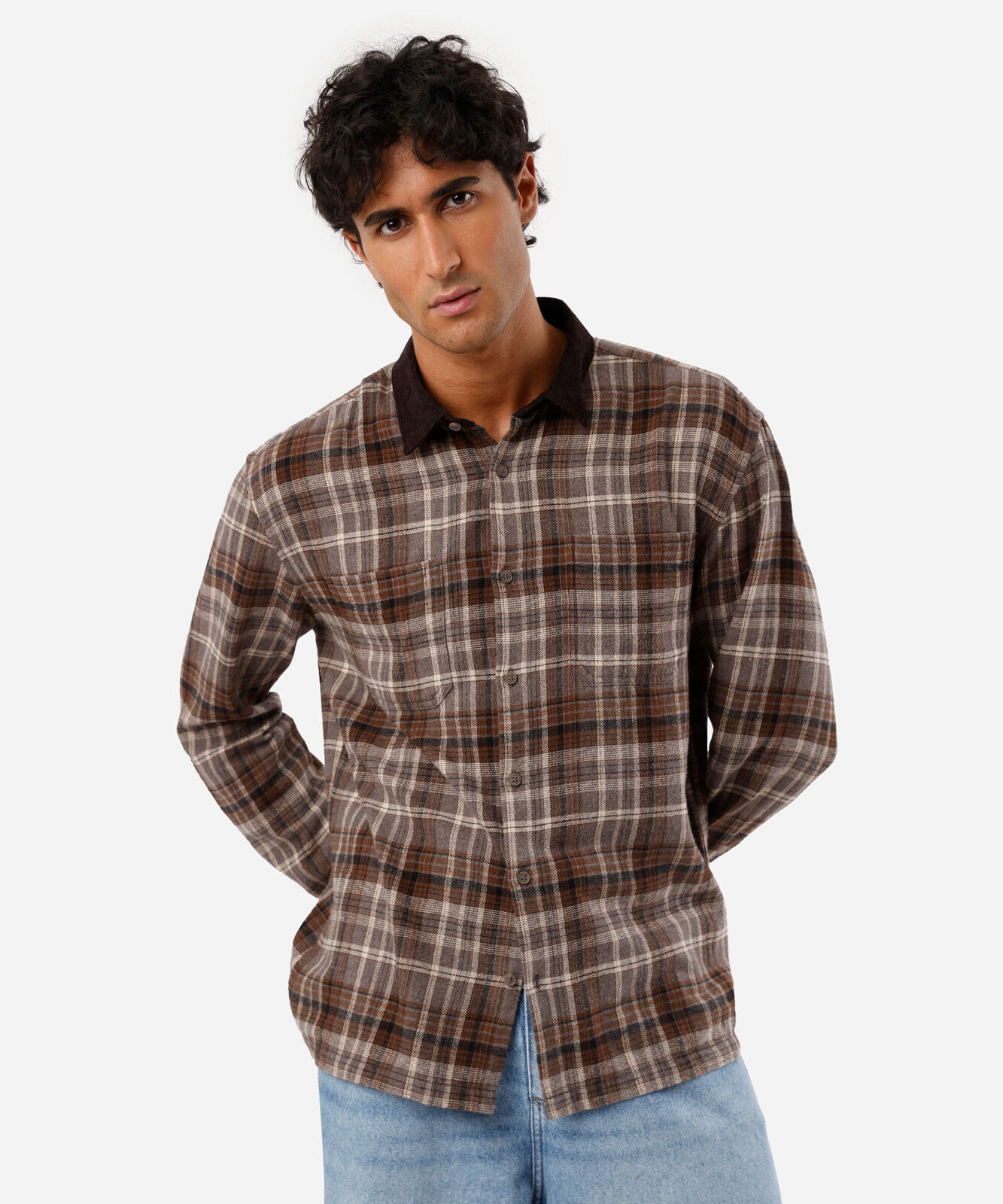camisa masculina de algodão gola cotelê manga longa xadrez marrom