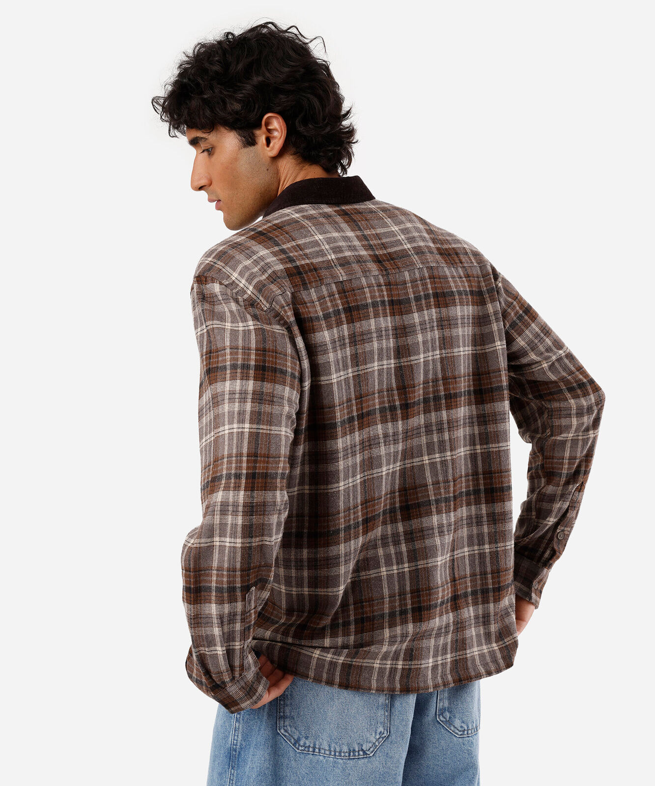 camisa masculina de algodão gola cotelê manga longa xadrez marrom