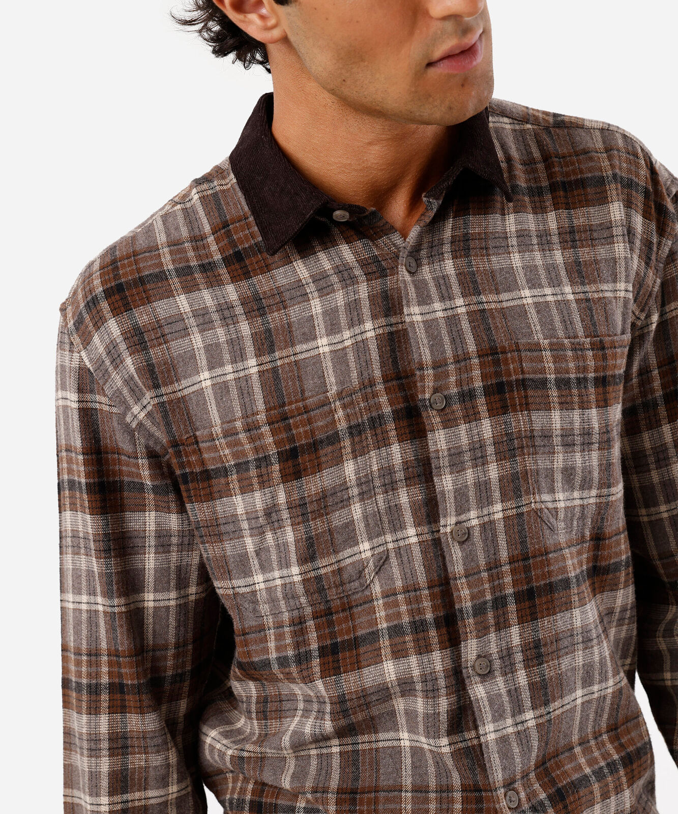 camisa masculina de algodão gola cotelê manga longa xadrez marrom