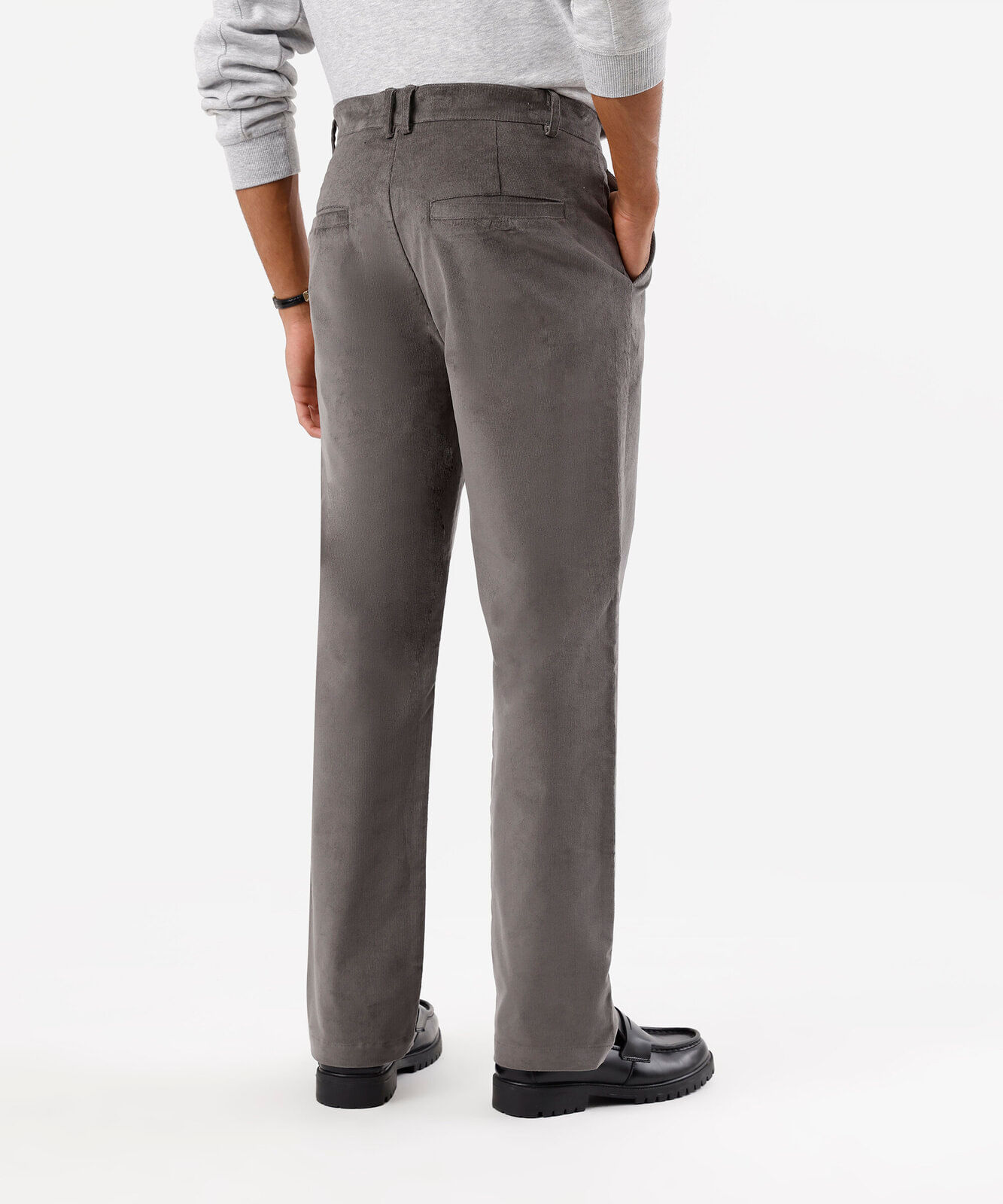 calça chino reta masculina de veludo cotelê cinza