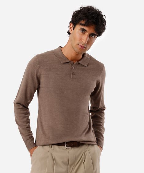 polo masculina de tricot manga longa bege