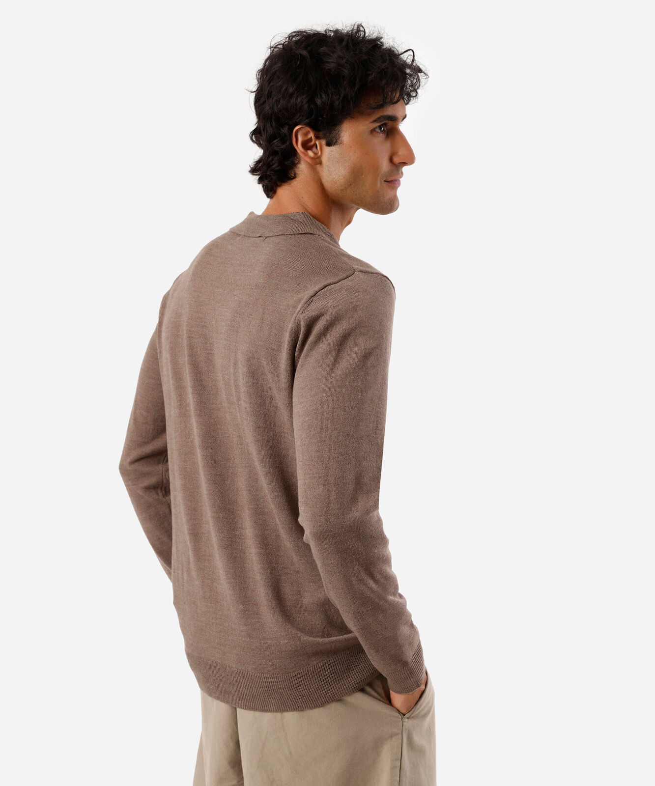 polo masculina de tricot manga longa bege
