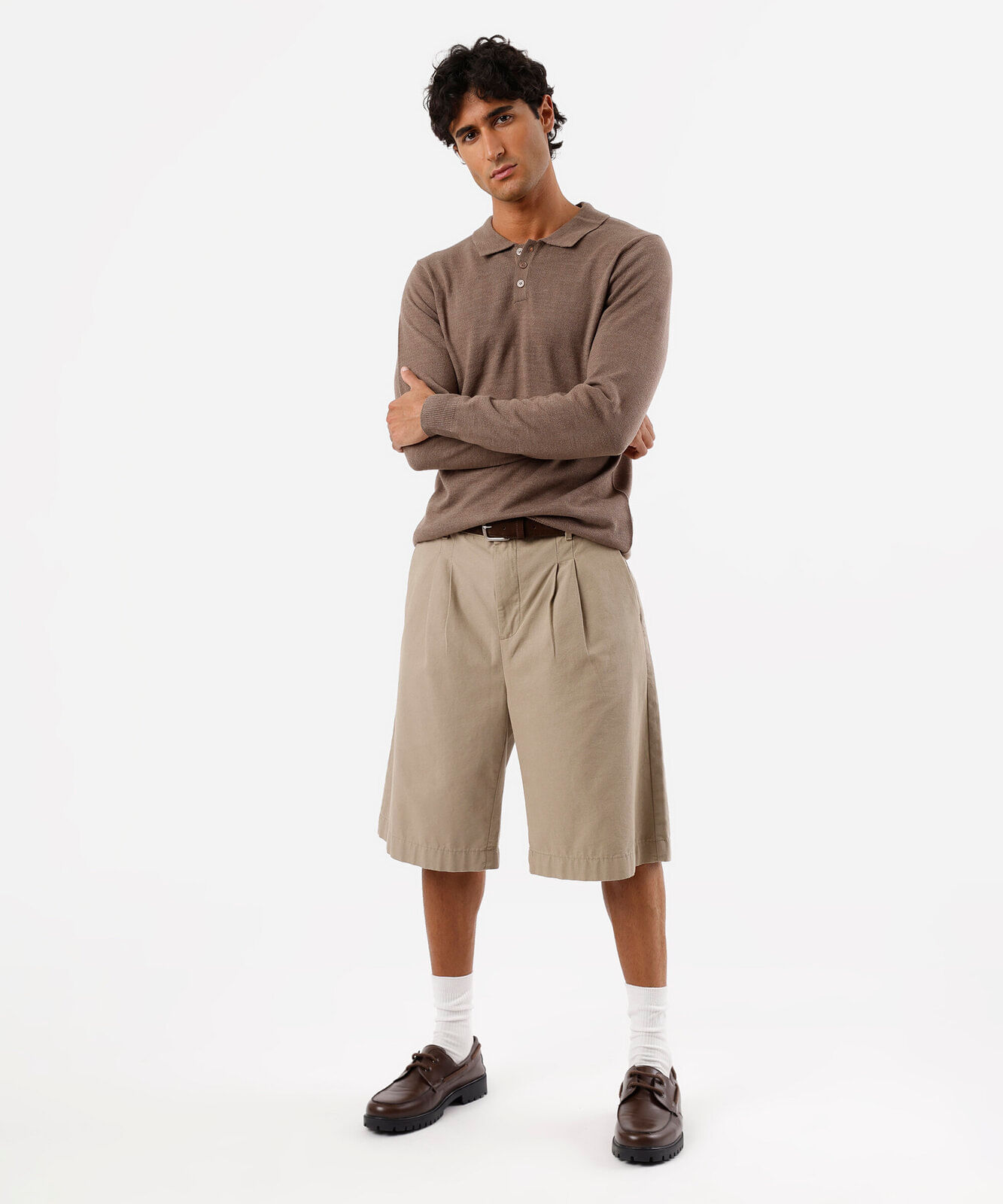 polo masculina de tricot manga longa bege