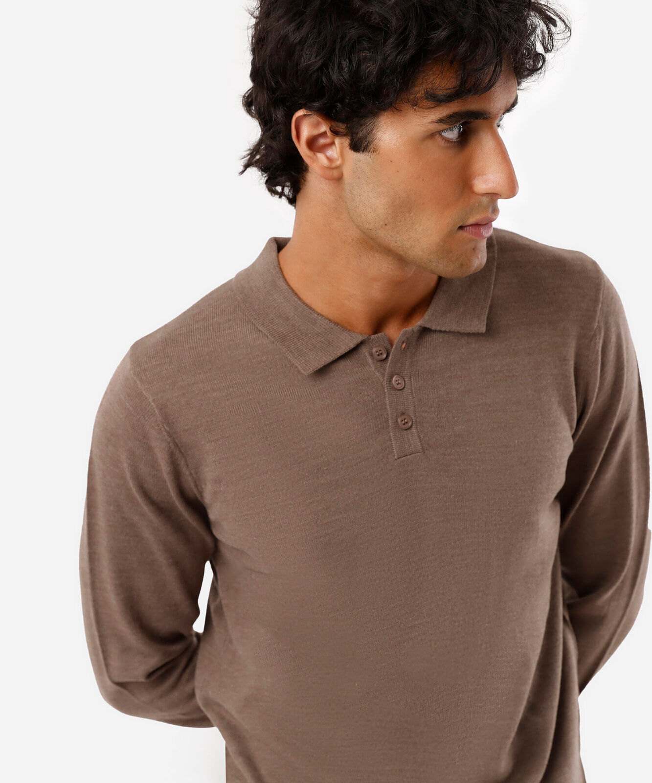 polo masculina de tricot manga longa bege