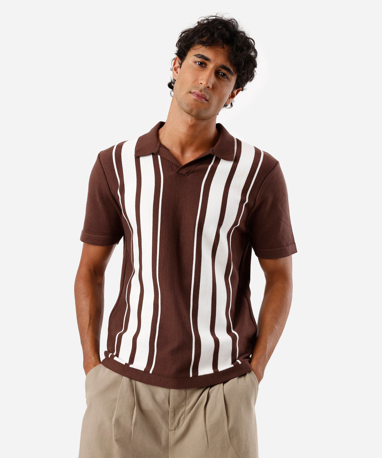 polo masculina de tricot com listras marrom