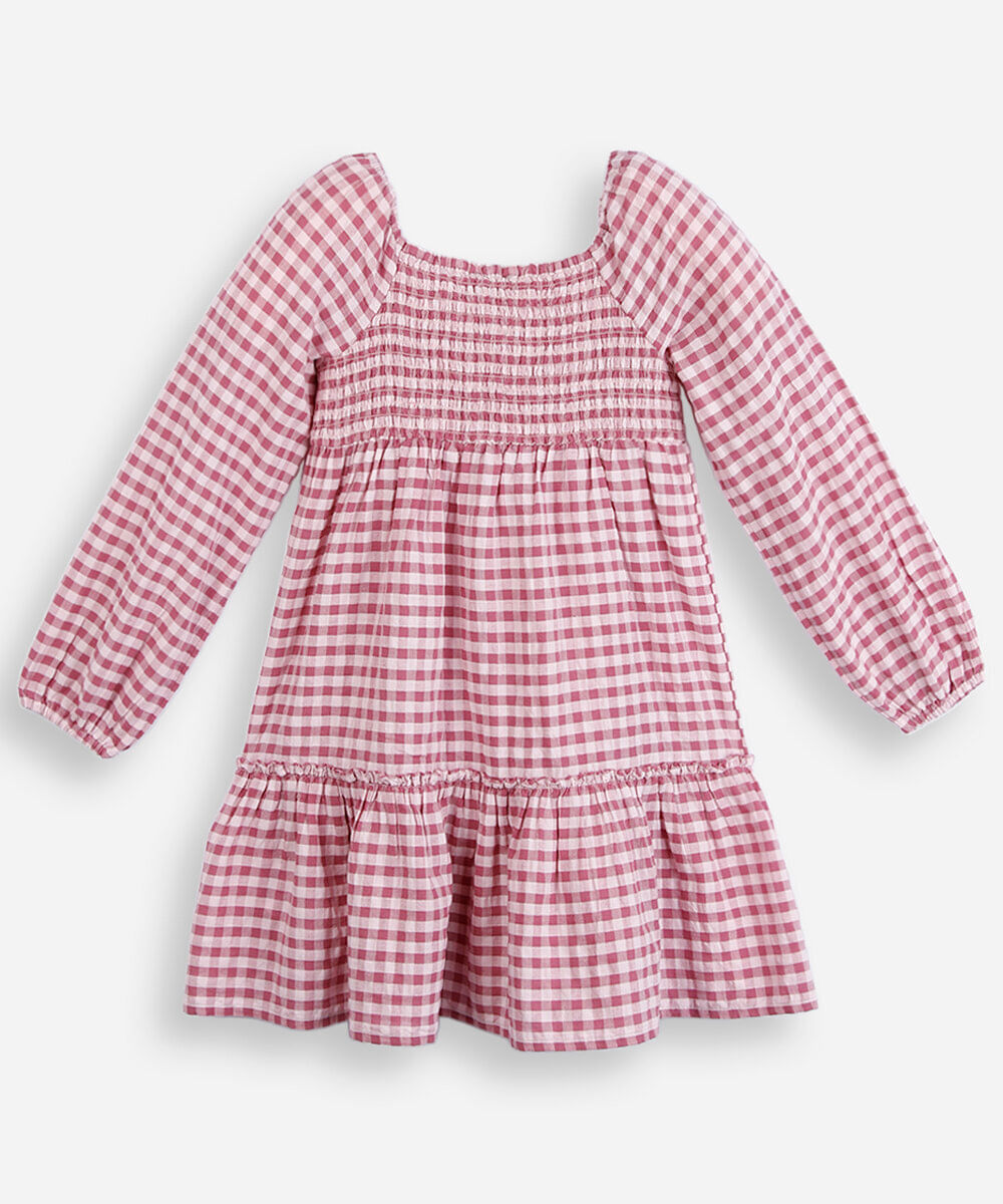 vestido infantil de algodão com recorte manga longa xadrez colorido
