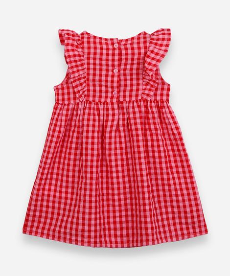 vestido infantil de algodão com babados xadrez rosa
