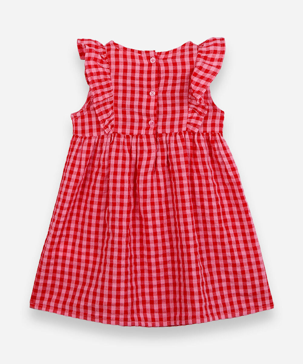 vestido infantil de algodão com babados xadrez rosa