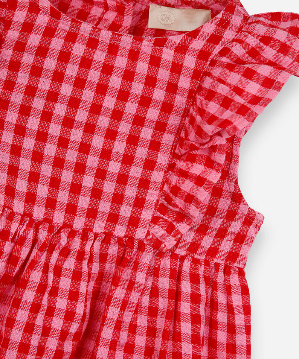 vestido infantil de algodão com babados xadrez rosa