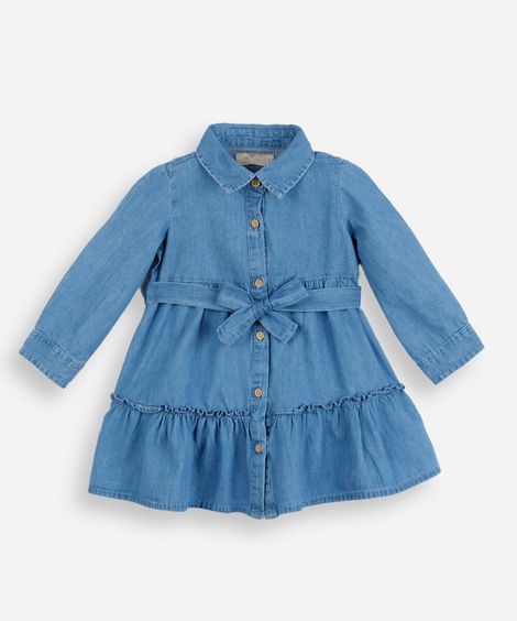 vestido chemise infantil jeans manga longa com recorte azul