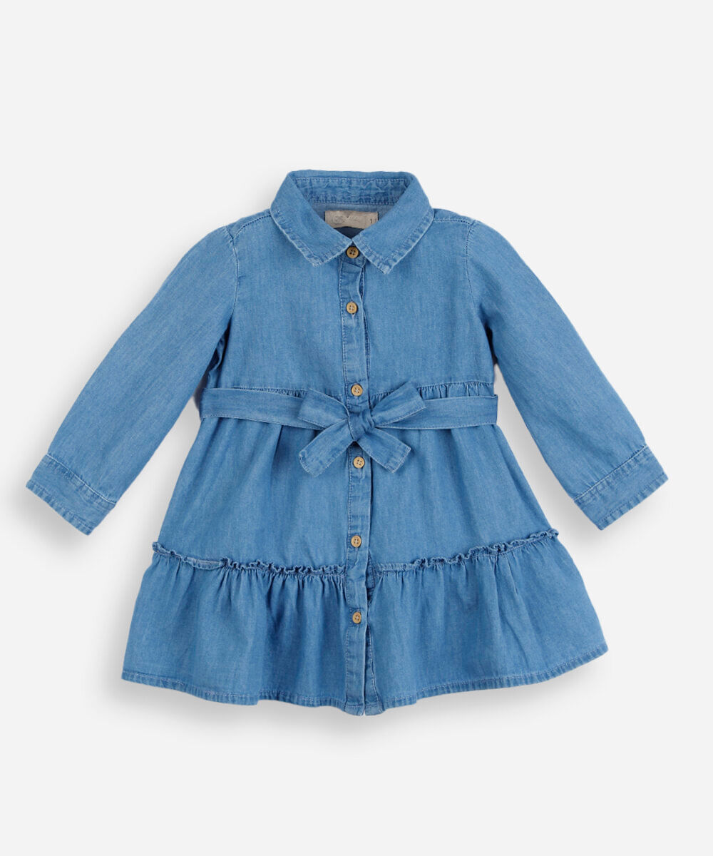 vestido chemise infantil jeans manga longa com recorte azul