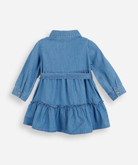 vestido chemise infantil jeans manga longa com recorte azul
