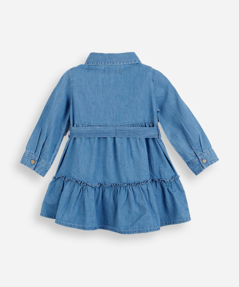 vestido chemise infantil jeans manga longa com recorte azul