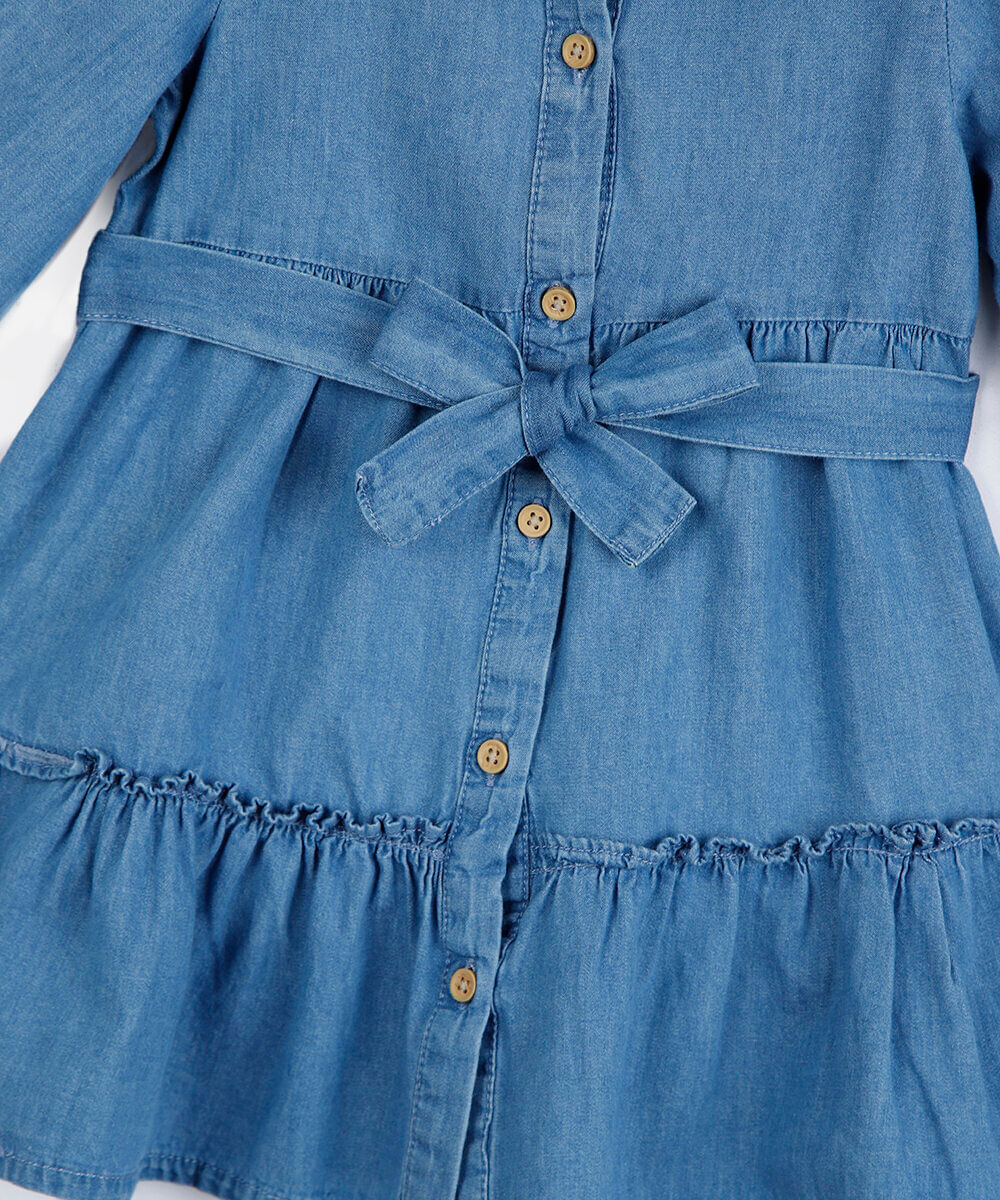 vestido chemise infantil jeans manga longa com recorte azul