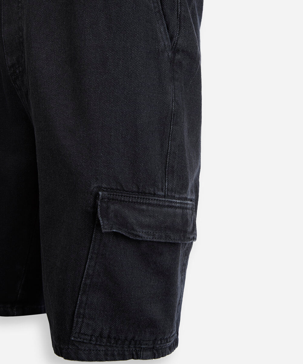 bermuda cargo juvenil jeans cós elástico preta