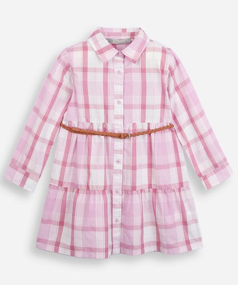 vestido chemise infantil manga longa com recorte e cinto xadrez colorido