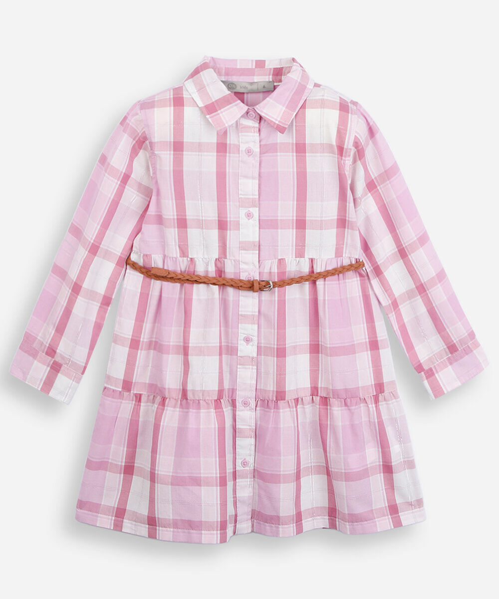 vestido chemise infantil manga longa com recorte e cinto xadrez colorido