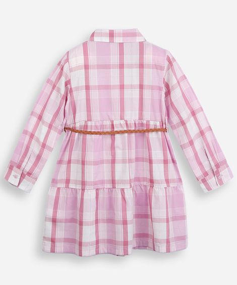 vestido chemise infantil manga longa com recorte e cinto xadrez colorido