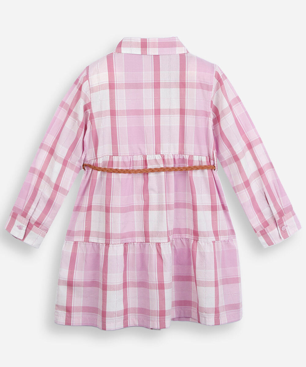 vestido chemise infantil manga longa com recorte e cinto xadrez colorido
