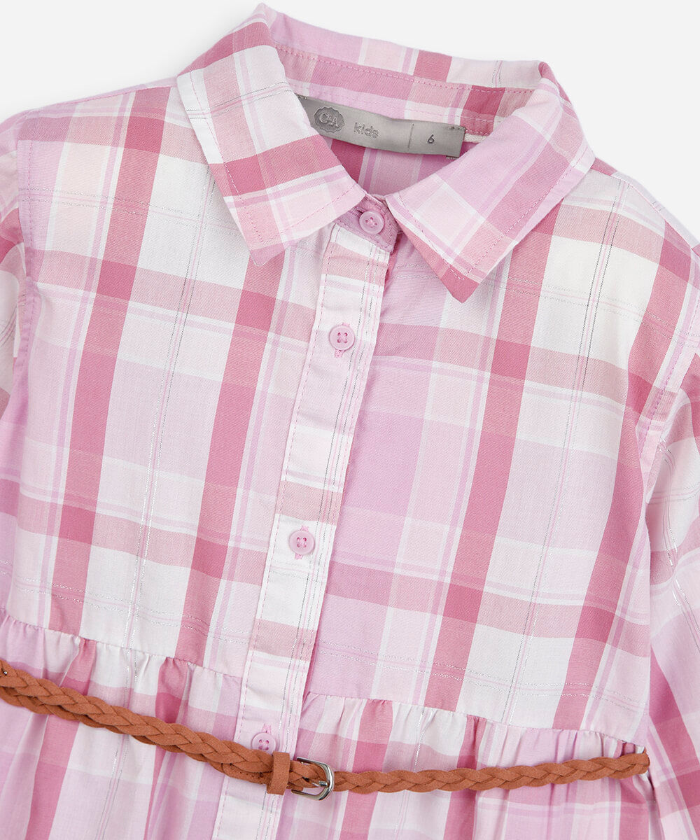 vestido chemise infantil manga longa com recorte e cinto xadrez colorido